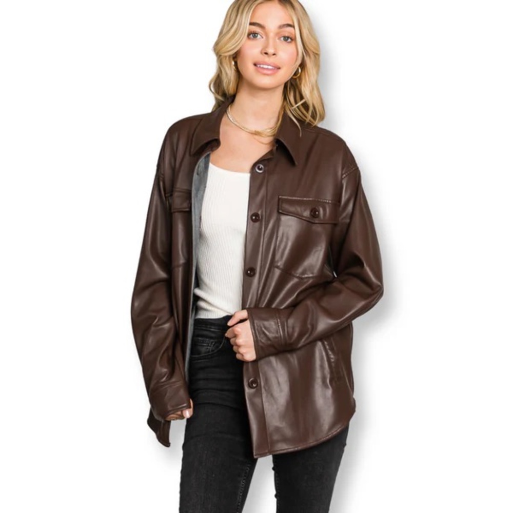 Allie Rose Faux Leather Brown Shacket